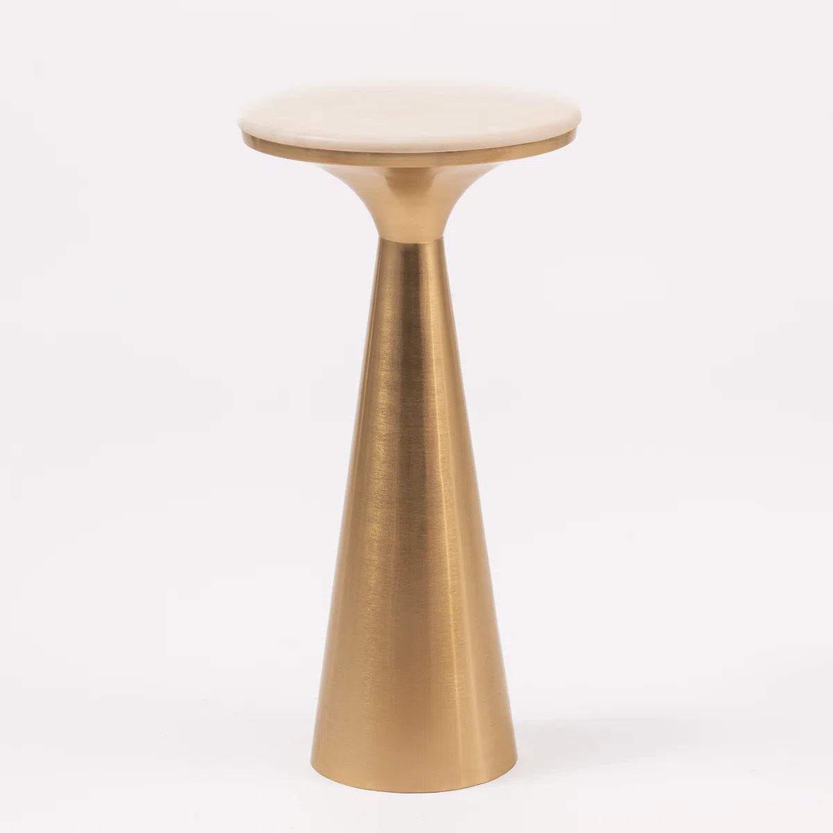 Modern White Marble Top Accent Drink Table with Brushed Black Pedestal Base
