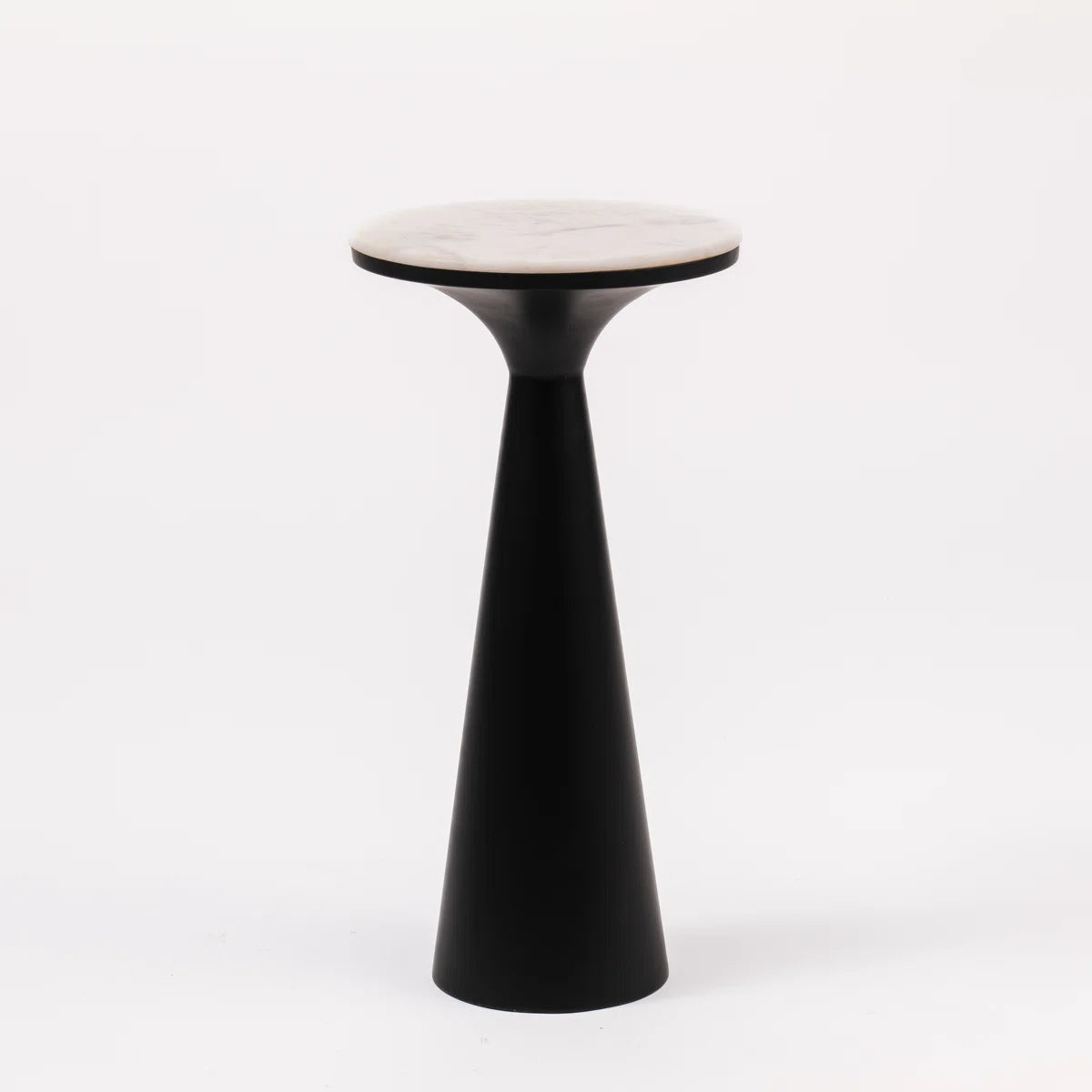 Modern White Marble Top Accent Drink Table with Brushed Black Pedestal Base