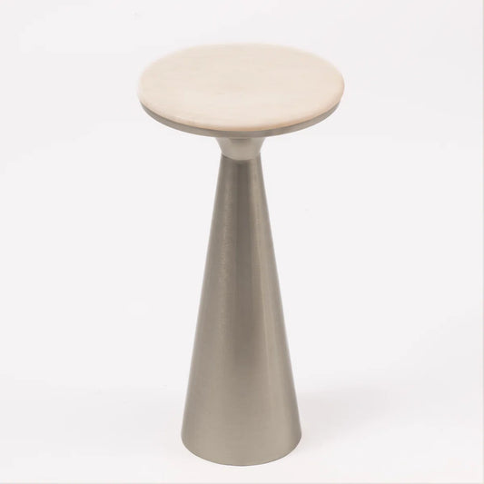 Modern White Marble Top Accent Drink Table with Brushed Black Pedestal Base